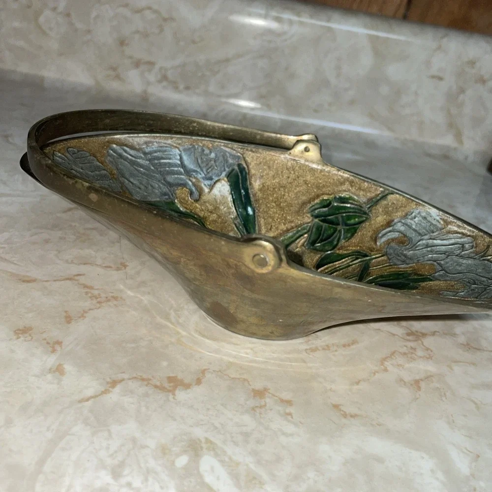Rare Vintage‎ Brass &Enamel Cloisonne handled trinket bowl BEAUTIFUL